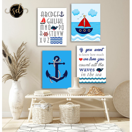 Tableau Marin 4 Pièces pour Chambre de Garçon – Fraîcheur et Aventure Nautique