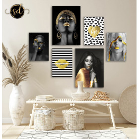 Tableau boho motif de femme black and gold six piéces