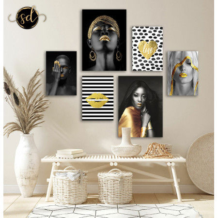 Tableau boho motif de femme black and gold six piéces