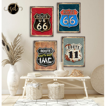 Tableau Route 66 4 Pièces – Aspect Métal, Style Vintage Moderne