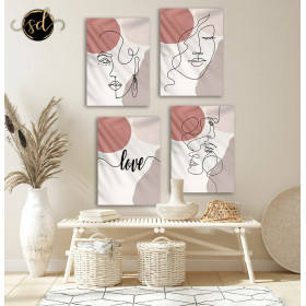 Tableau 4 Pièces Pink Minimaliste – Women in Love, Style Romantique