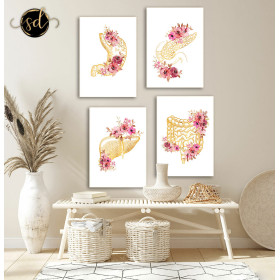 Tableau 4 Pièces Organe Humain – Fleurs Aquarelle, Style Moderne