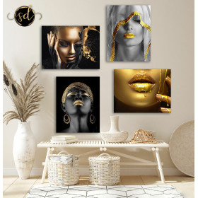 Tableau Quatre Femme Black & Gold – Élégance Moderne en 4 Panneaux