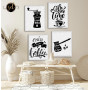 Tableau Coffee Time Noir et Blanc – Élégance Moderne en 4 Panneaux