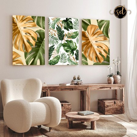 Tableau trois piéces green gold monstera