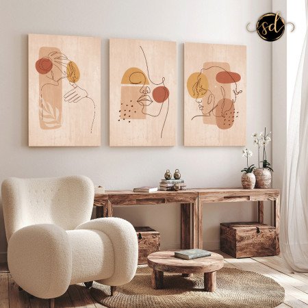 Tableau trois piéces femmes minimaliste fond beige orangé