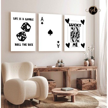 Tableau trois piéces jeux de catre noir et blanc