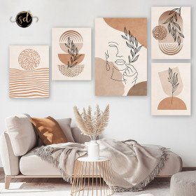 Tableaux femme ligne art avec feuille sur fond beige