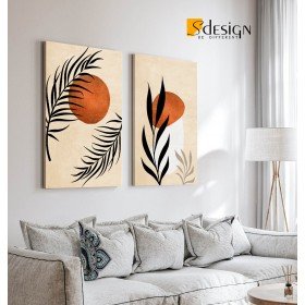 Tableau duo de plante minimaliste diptyque – Deux pièces aux nuances beige, terracotta et noir pour décoration murale moderne