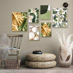 Tableau Tropical 6 Pièces Feuille Monstera Or & Vert – Moderne, Élégant et Serein