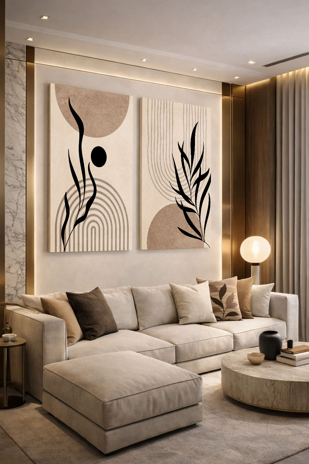Tableau Duo de Plante Minimaliste Beige Grège – Élégance Naturelle et Apaisante