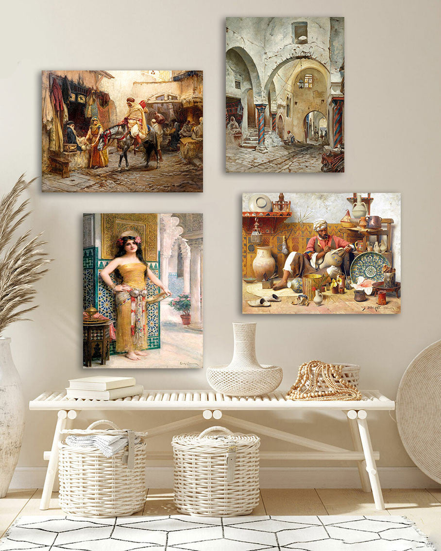 Ancien Tableau Peinture Orientale – Ensemble de 4 Panneaux