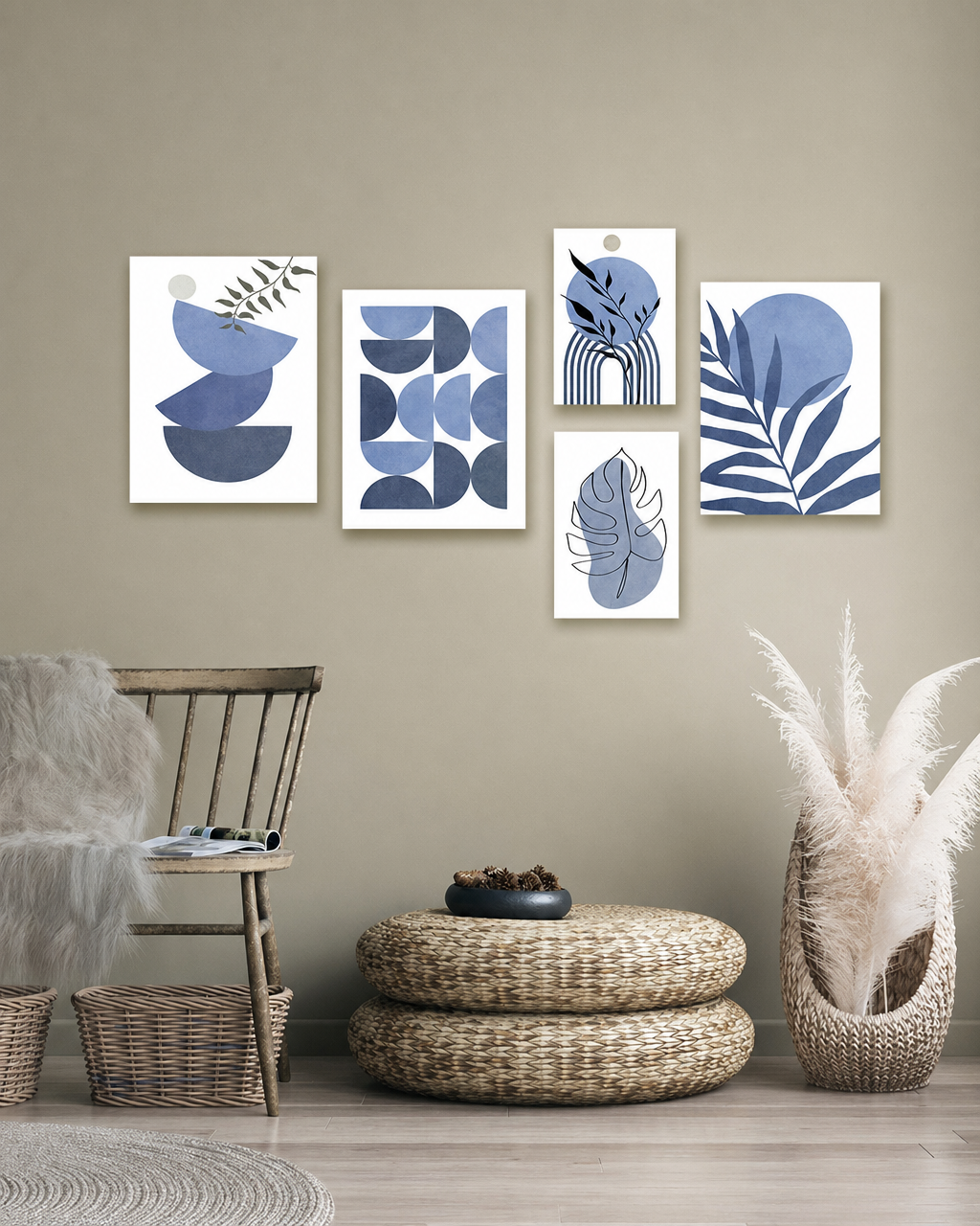 Tableau Minimaliste 5 Pièces Bleu Boho – Sérénité, Géométrie et Harmonie