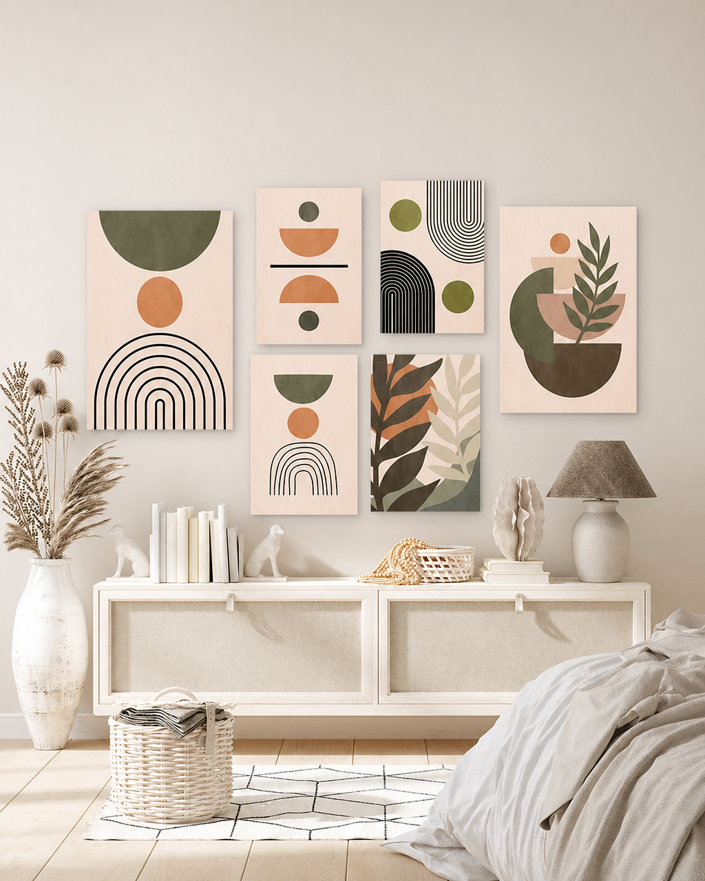 Tableau 6 Pièces Feuilles Boho – Vert Orangé, Style Naturel