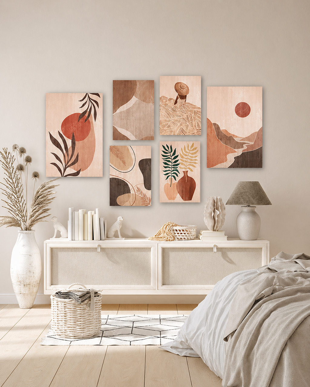 Tableau 6 Pièces Boho – Rouge Brique, Marron et Motifs Naturels