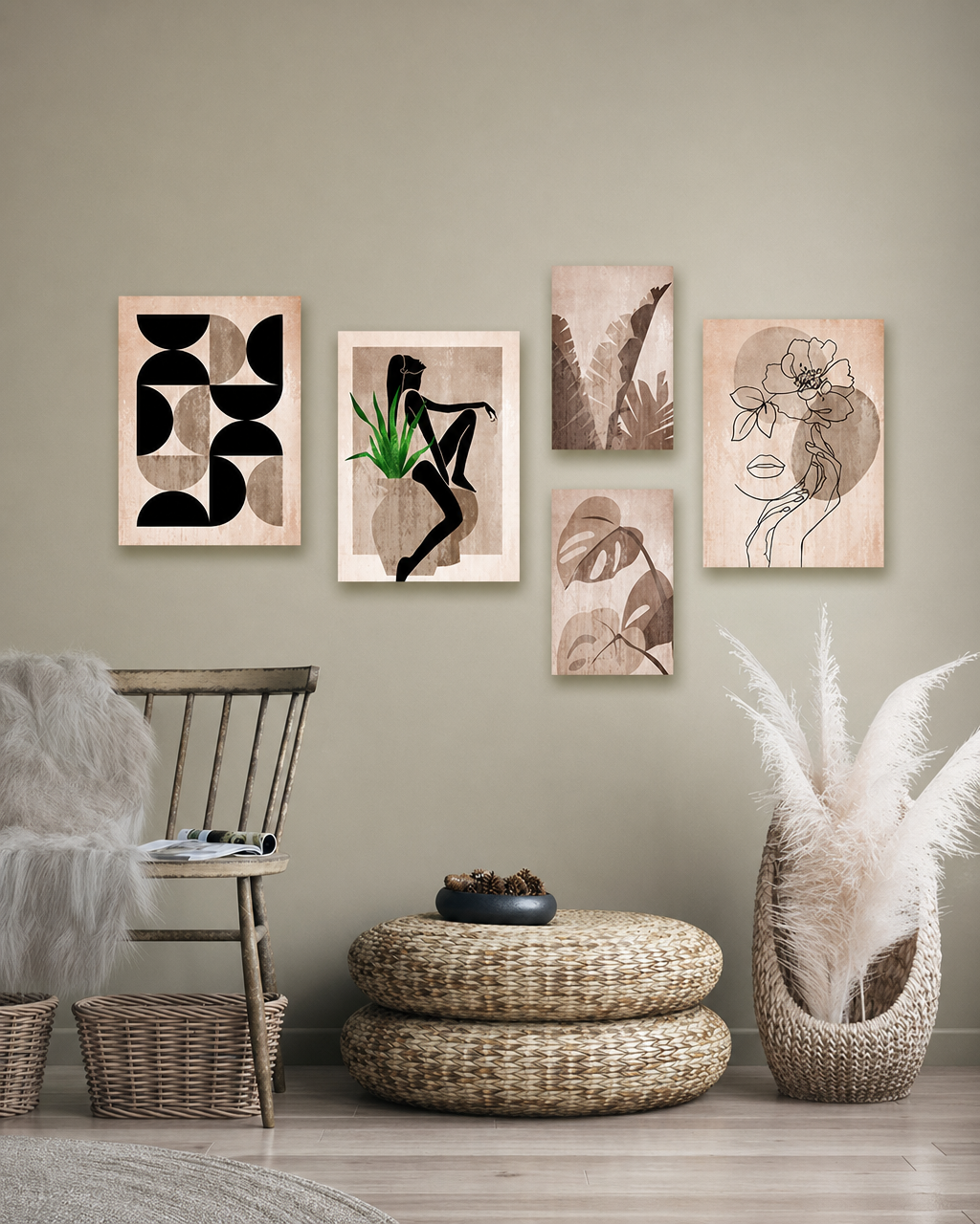 Tableau Boho Moderne 5 Pièces – Femme & Plante Verte, Marron et Beige – Élégance Naturelle