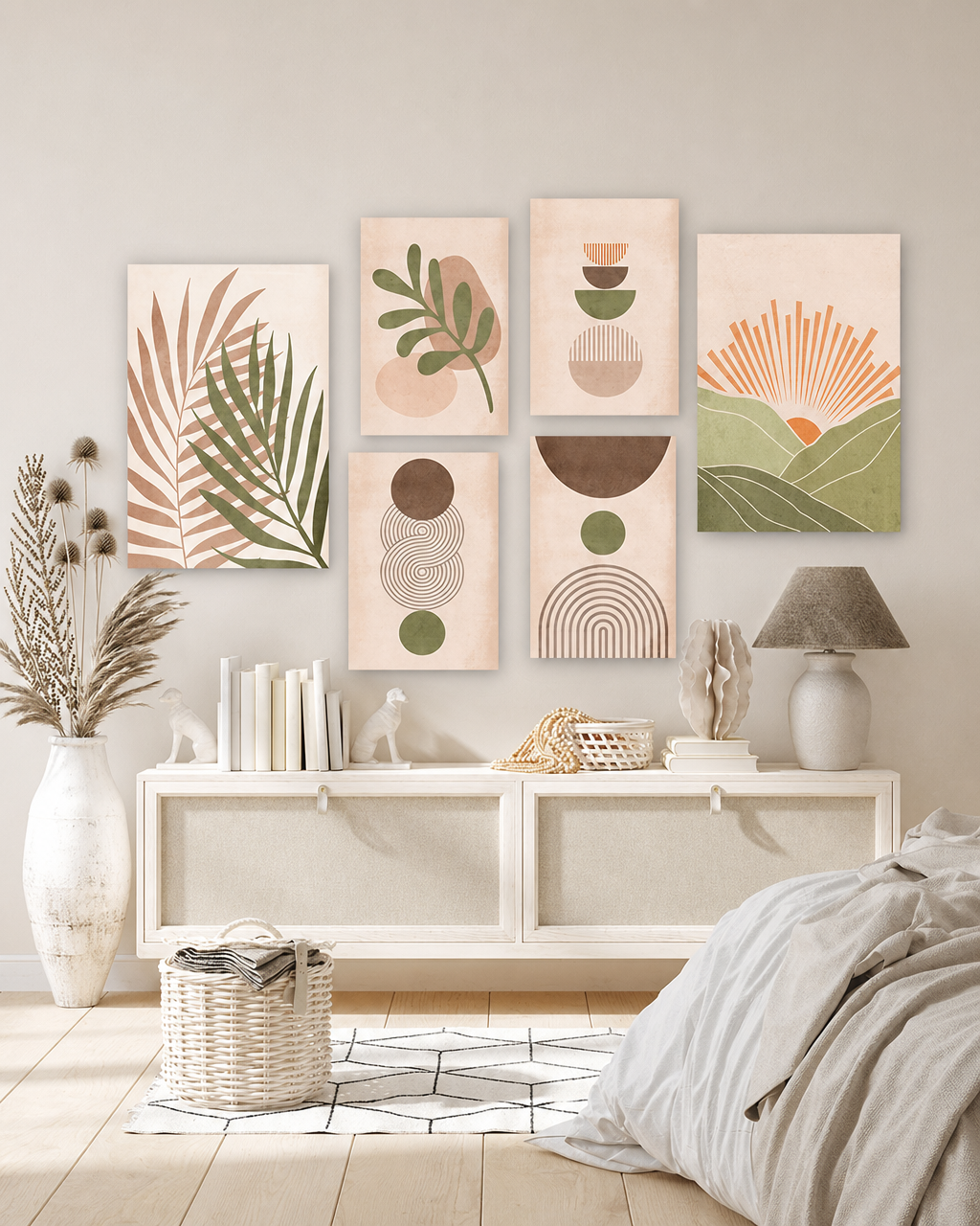 Tableau 6 Pièces Palmier Géométrique – Nuances Vertes, Style Moderne