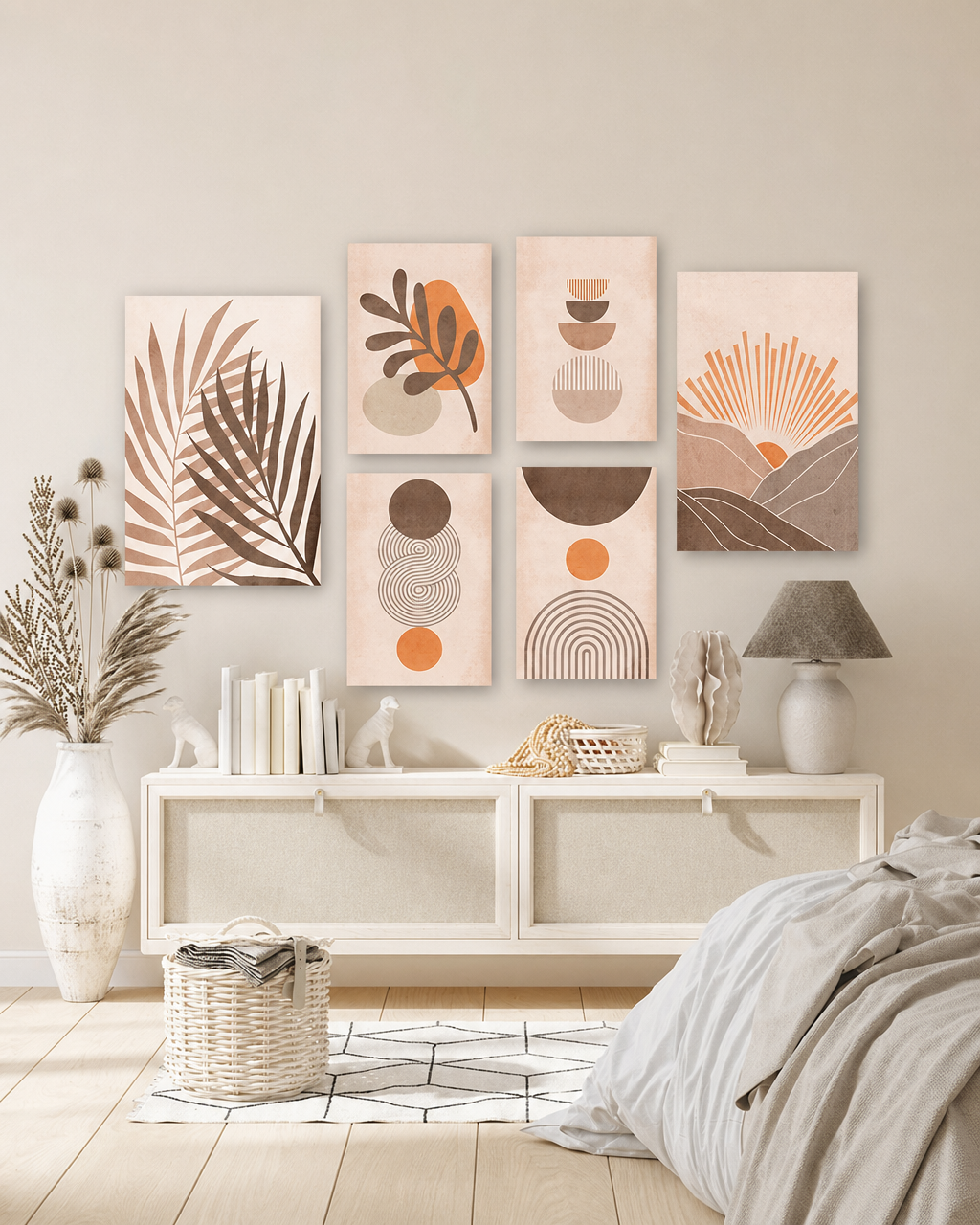 Tableau 6 Pièces Palmier Géométrique – Orangé Marron, Style Moderne