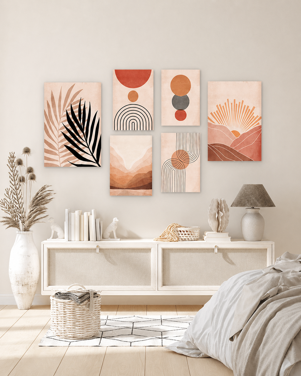 Tableau 6 Pièces Palmier Rouge Brique – Géométrie, Lever de Soleil et Élégance
