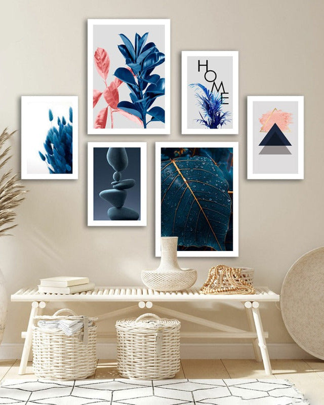 Tableau Feuilles Bleues Rose 6 Pièces