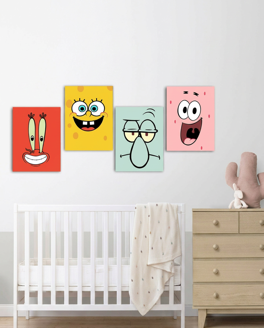 Tableau SpongeBob et Compagnie 4 Pièces – Décoration Ludique et Colorée pour Enfants et Familles