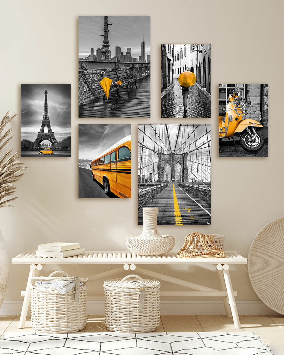 Tableau 4 Pièces New York Paris – Jaune Noir, Style Cosmopolite