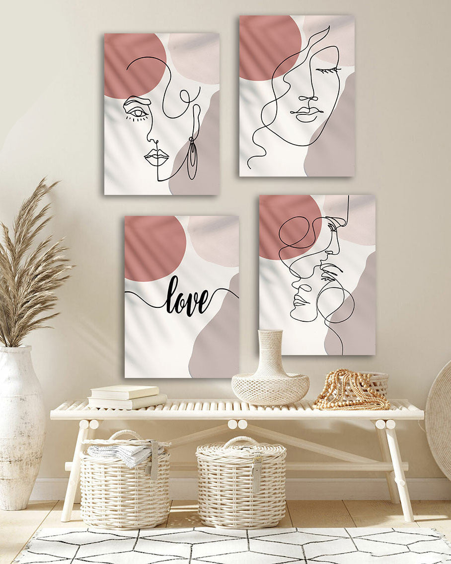 Tableau 4 Pièces Pink Minimaliste – Women in Love, Style Romantique