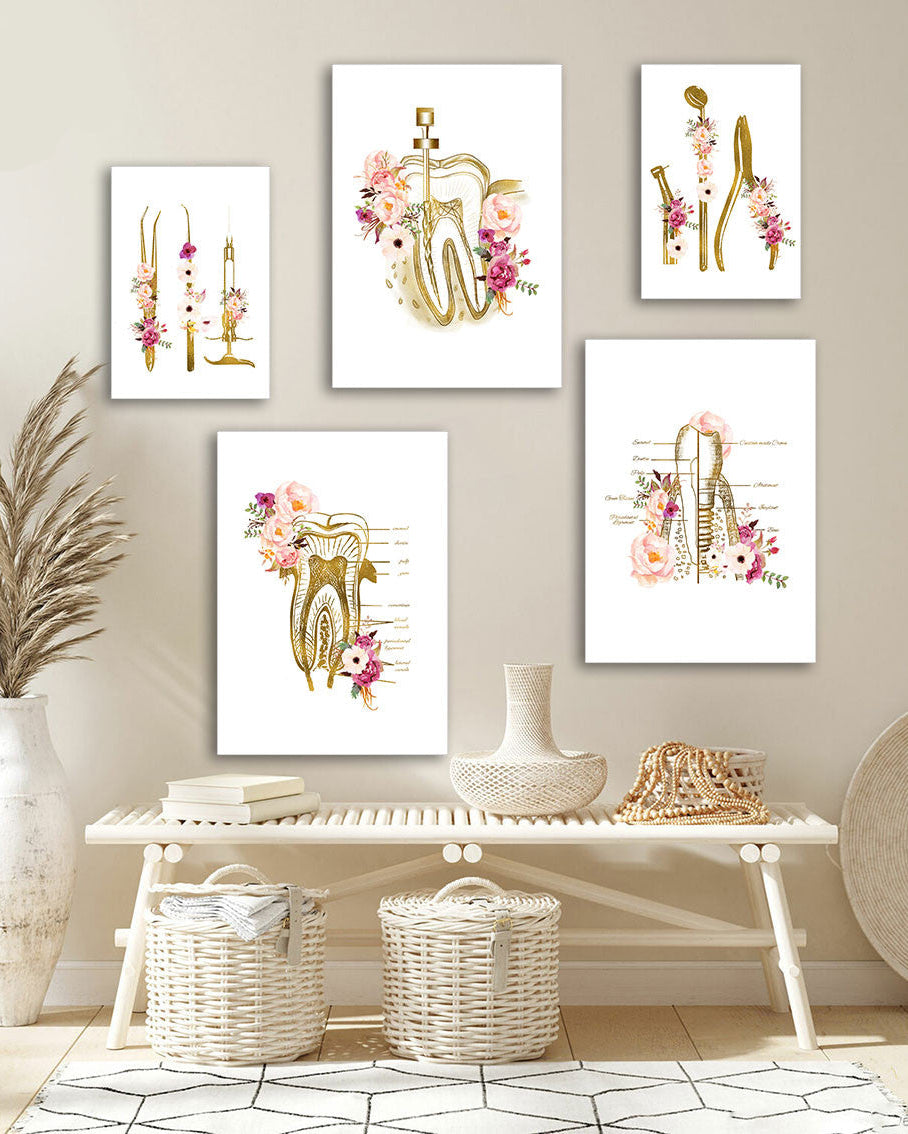 Tableau 5 Pièces Dent en Or – Fleurs Aquarelle, Style Médical