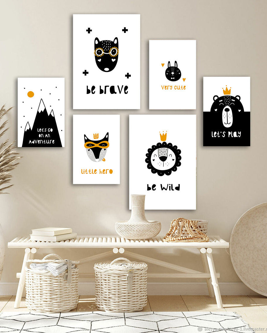 Tableau 6 Pièces Baby Brave Wild – Jaune Noir, Style Dynamique