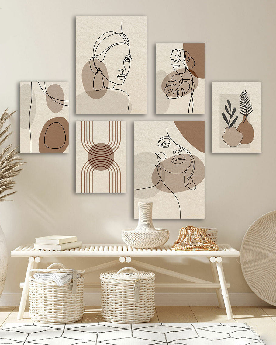 Tableau 6 Pièces Boho – Femme Marron Beige, Minimaliste et Naturel