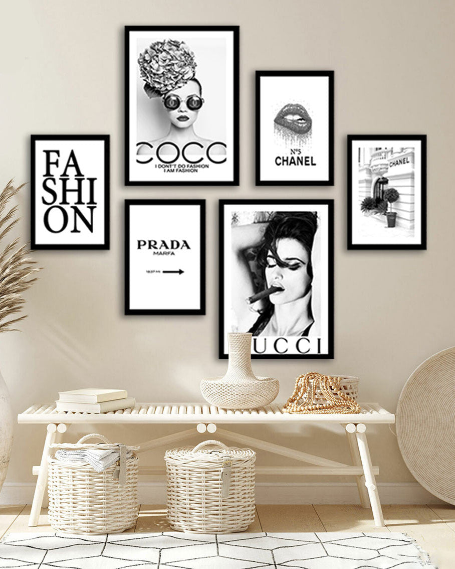 Tableau 6 Pièces Chanel Gucci Prada – Noir et Blanc, Style Luxueux