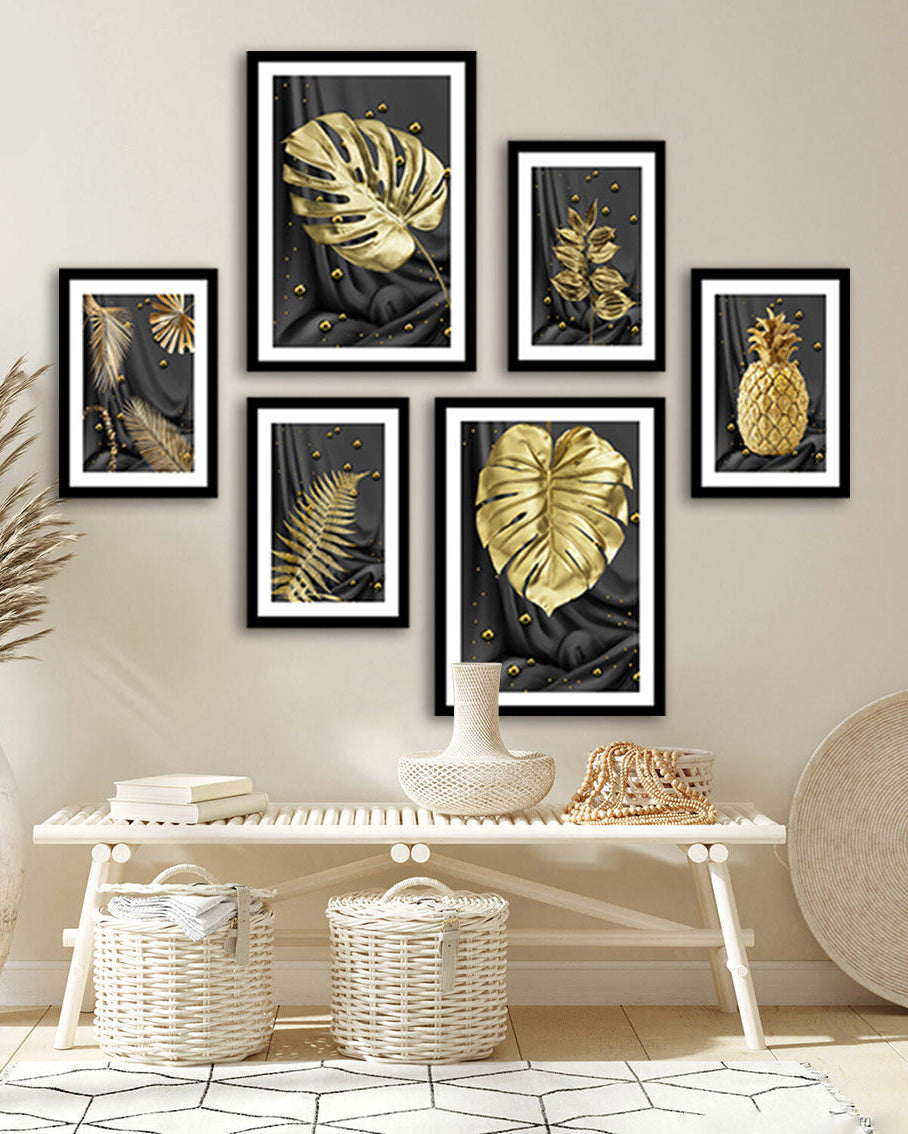 Tableau 6 Pièces Gold Monstera – Noir, Style Luxueux et Naturel