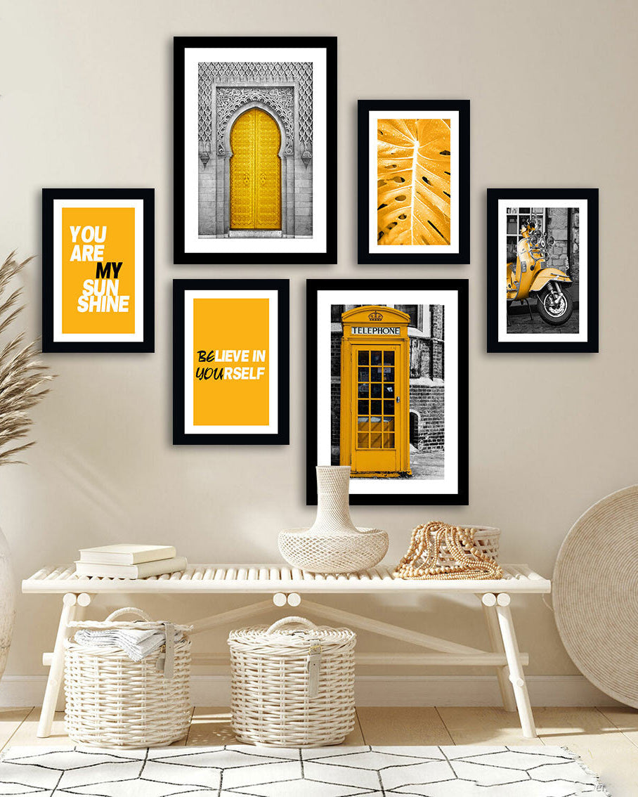 Tableau 6 Pièces Jaune Gris – Citations Inspirantes et Design Moderne
