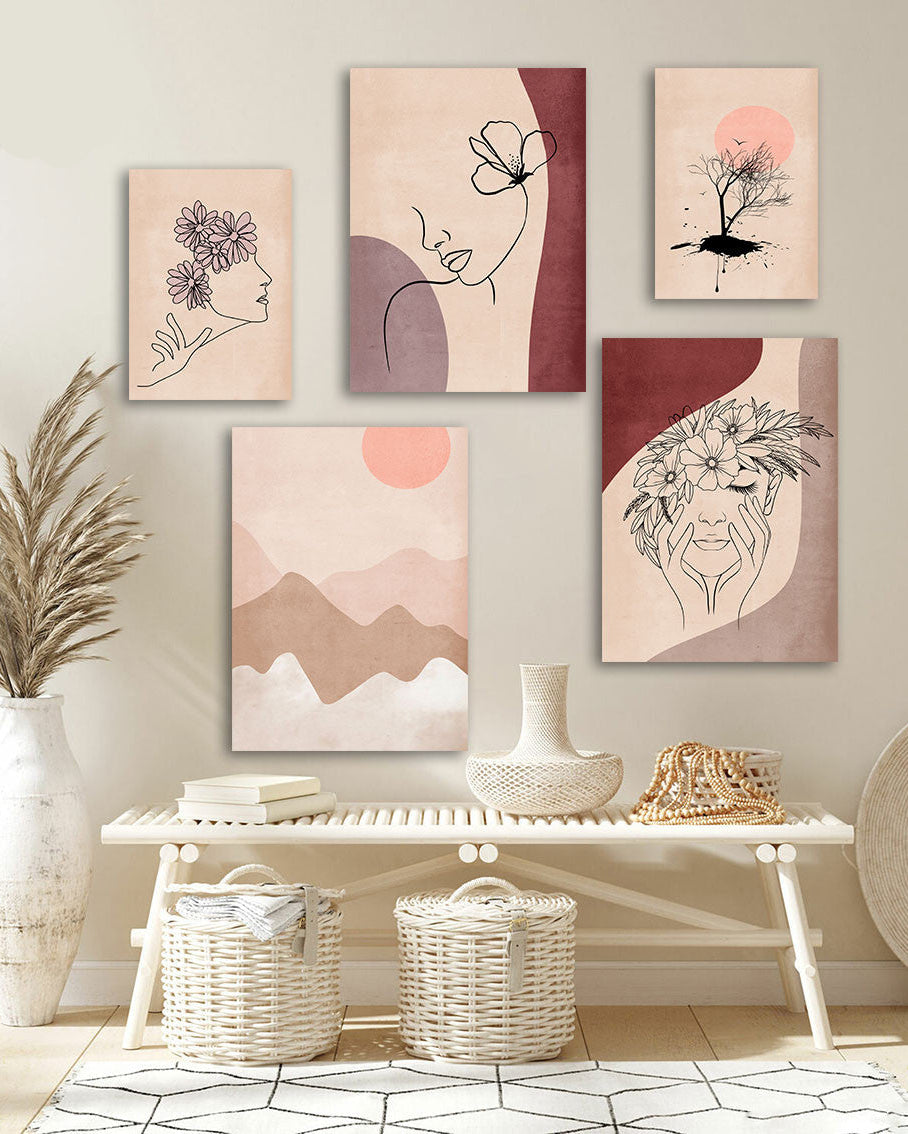 Tableau Art Line 5 Pièces – Élégance Minimaliste et Sérénité pour Chambre à Coucher