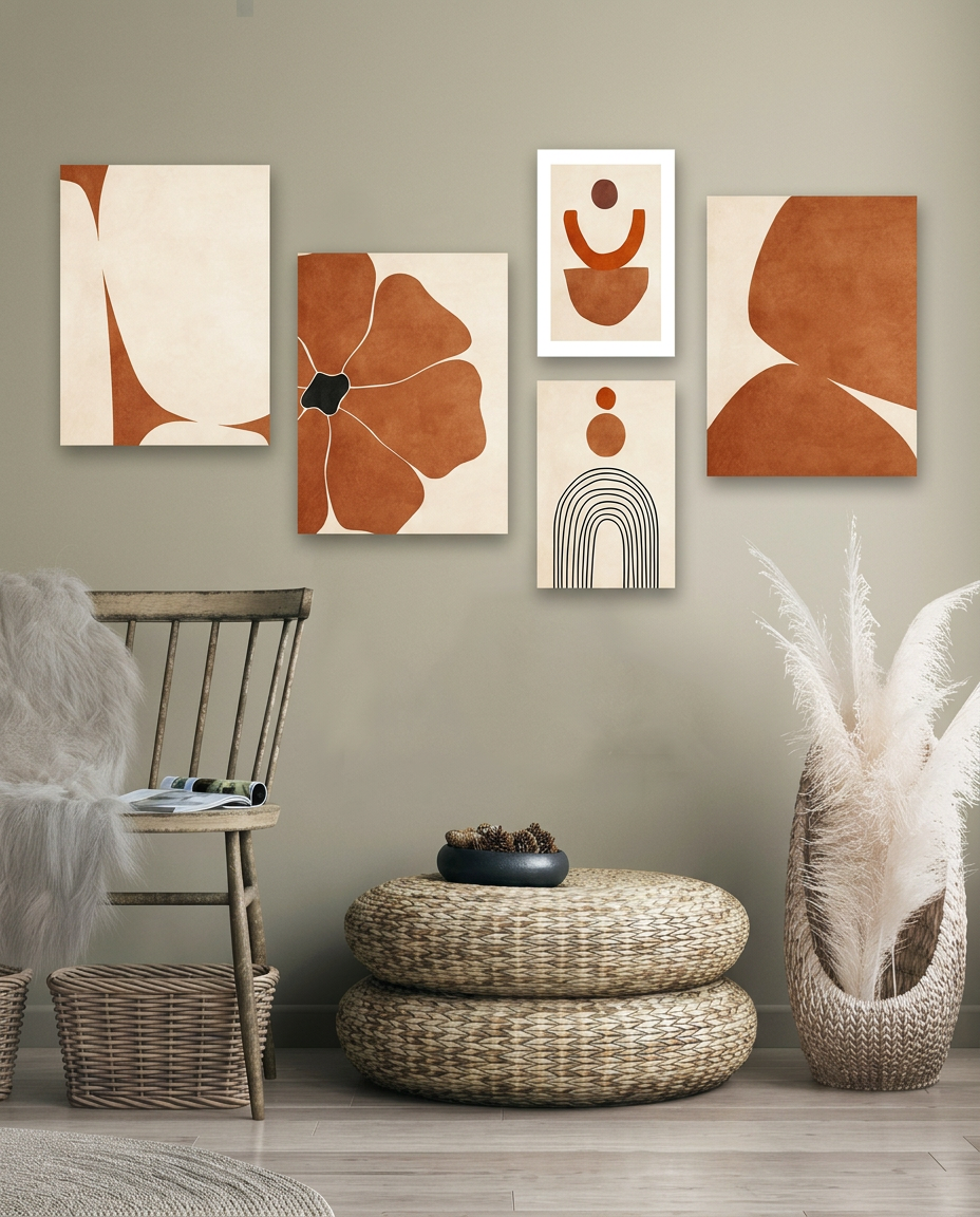 Tableau Bohème Minimaliste Botanique Terracotta – Chaleur Naturelle et Élégance Bohème
