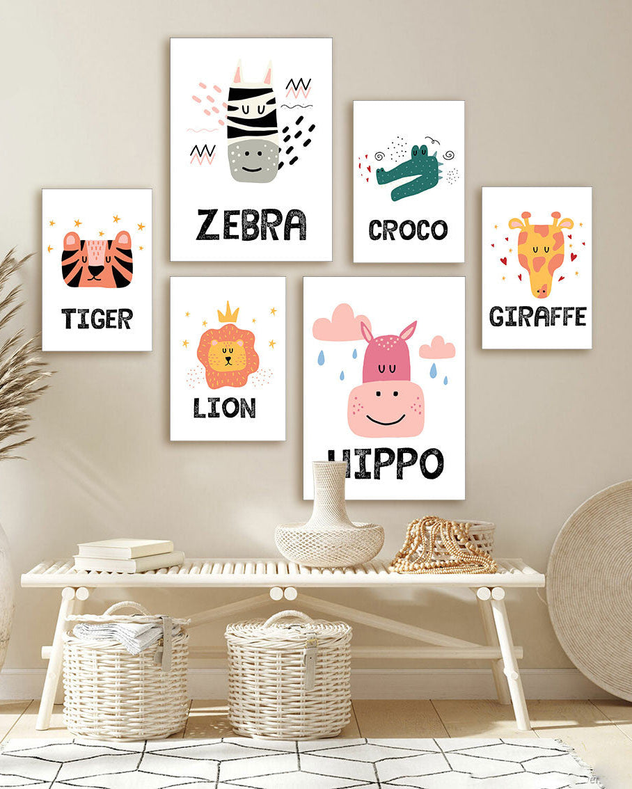 Tableau Cartoon Animals 6 Pièces – Décoration Ludique et Colorée pour Chambre d’Enfant