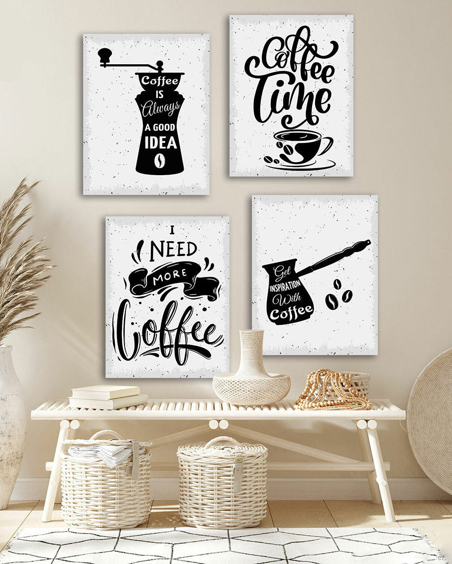 Tableau Coffee Time Noir et Blanc – Ensemble de 4 Panneaux