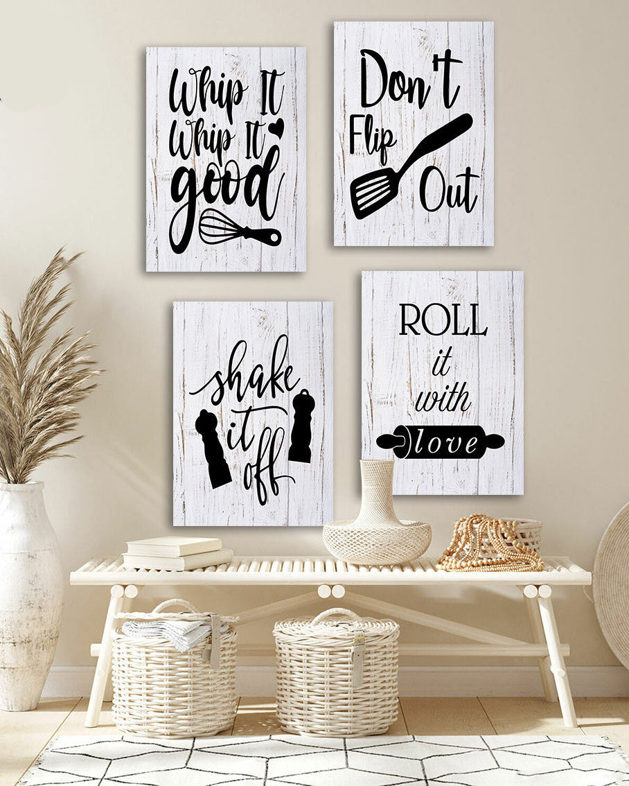 Tableau Cuisine 4 Pièces – Messages Originaux en Noir et Blanc