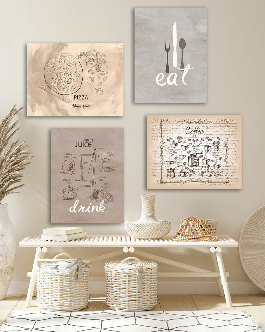 Tableau Cuisine Beige Grège – Ensemble de 4 Panneaux