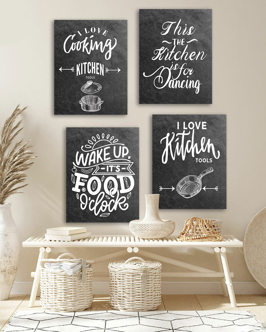 Tableau Cuisine Noir et Blanc – Ensemble de 4 Panneaux