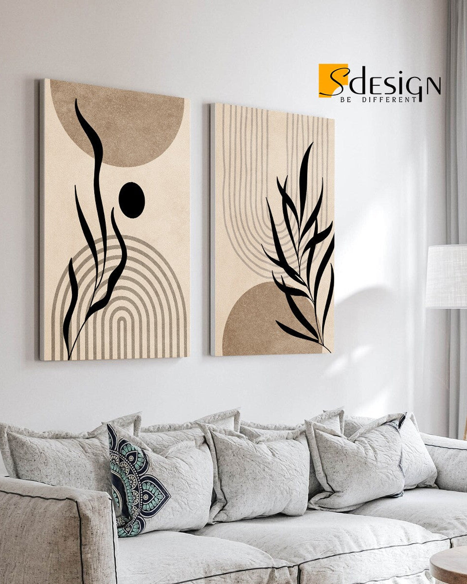 Tableau Duo de Plante Minimaliste Beige Grège – Élégance Naturelle et Apaisante
