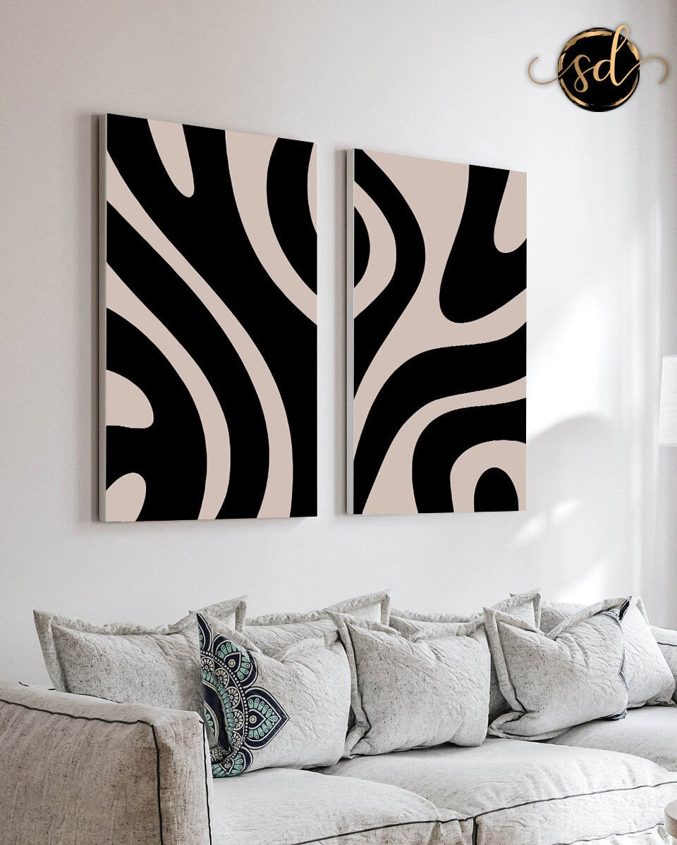 Tableau Duo – Formes Noires sur Fond Beige
