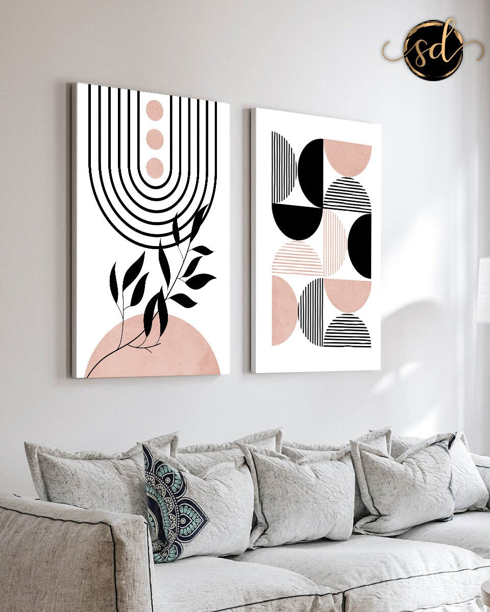 Tableau Duo Minimaliste Rose et Noir – Équilibre Moderne et Élégance Contrastée
