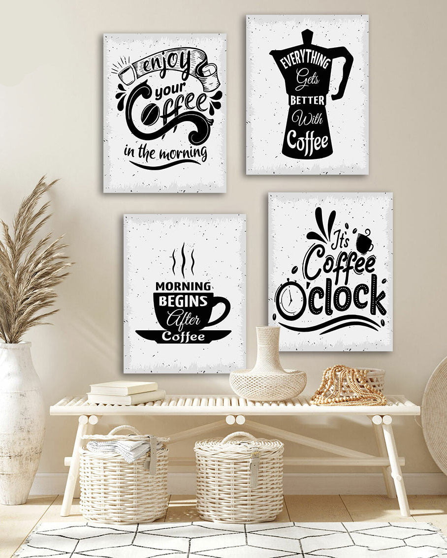 Tableau Enjoy Your Coffee Noir et Blanc – Ensemble de 4 Panneaux