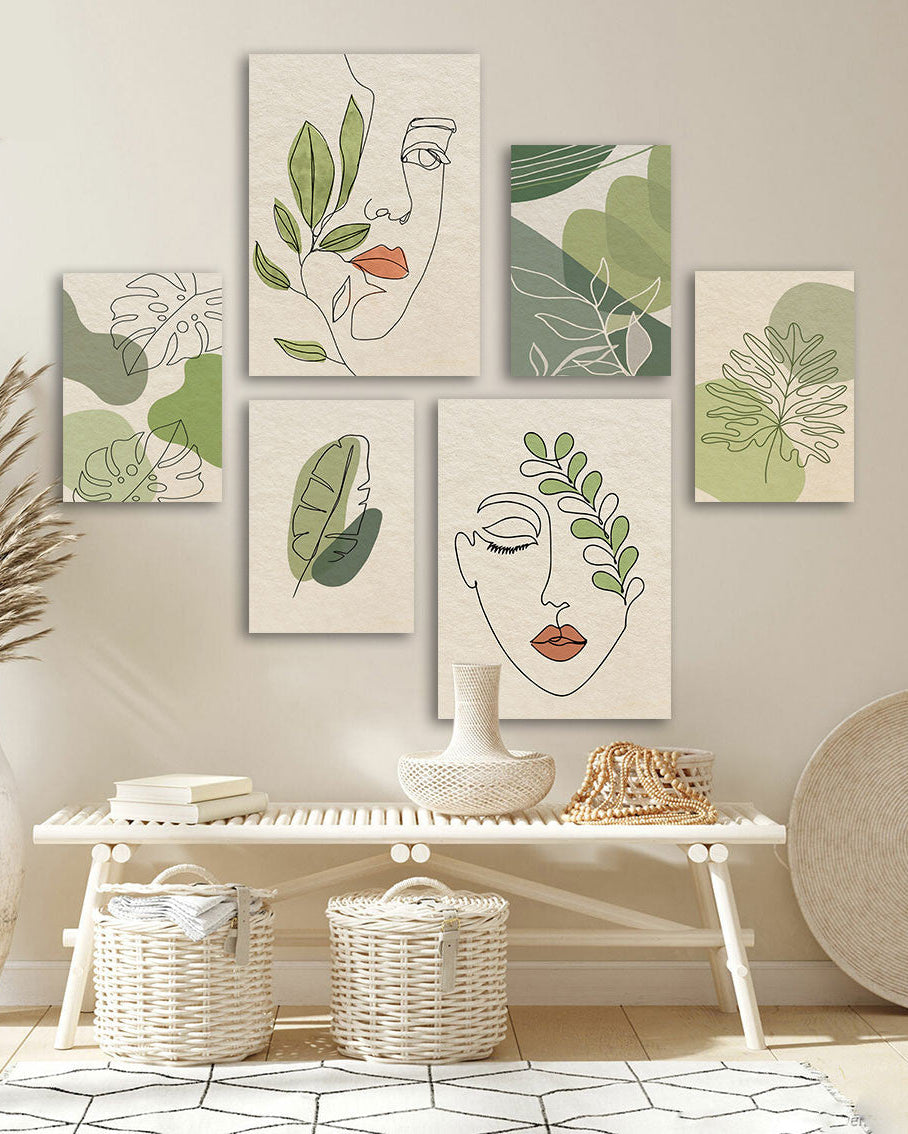 Tableau Femme Abstraite Feuilles Vertes – Minimaliste, Élégance et Calme
