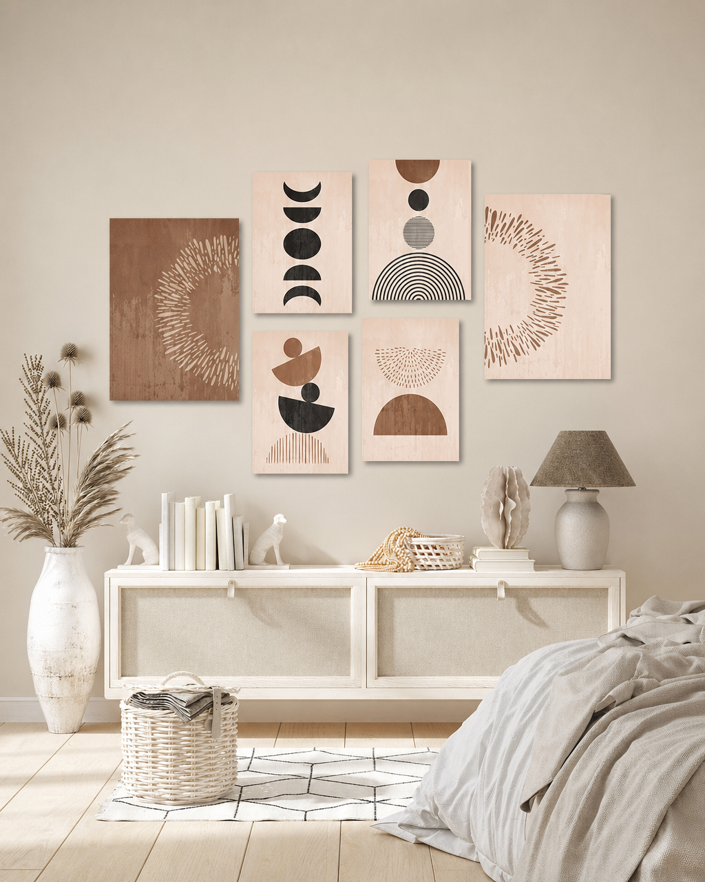 Tableau Minimaliste Beige Marron 6 Pièces – Élégance Chic et Ambiance Apaisante