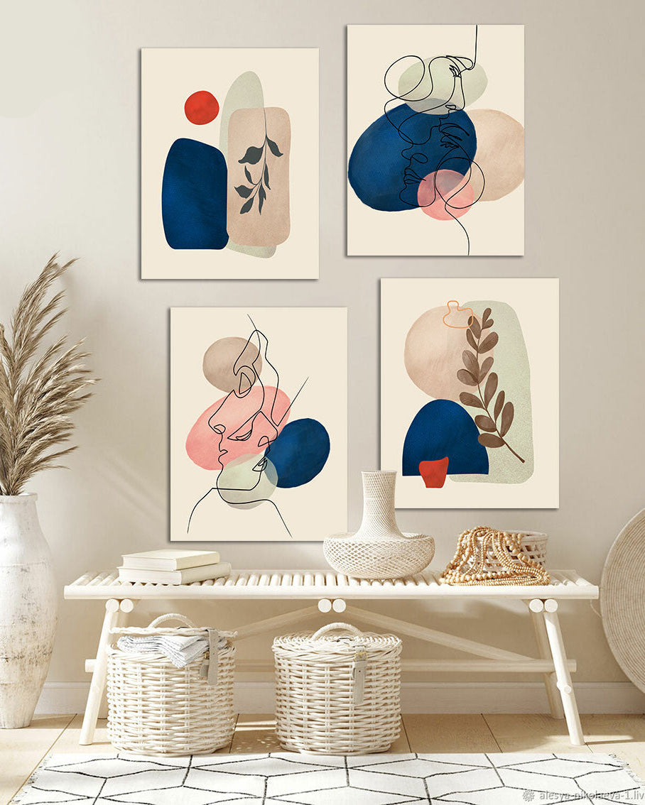 Tableau Minimaliste Quatre Pièces Rose et Bleu – Ensemble de 4 Panneaux