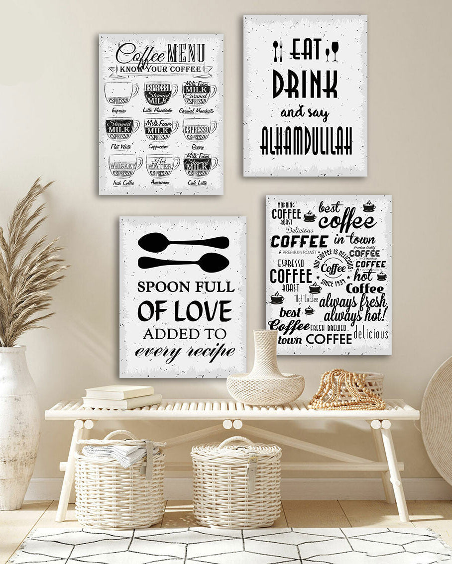 Tableau Moderne Cuisine – Ensemble de 4 Panneaux – Noir & Blanc