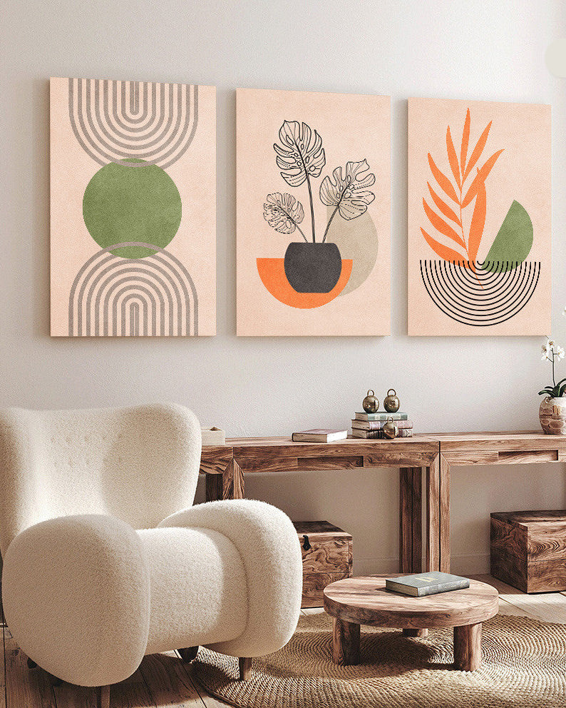 Tableau Motifs Scandinaves 3 Pièces Vert Orangé – Triptyque Moderne