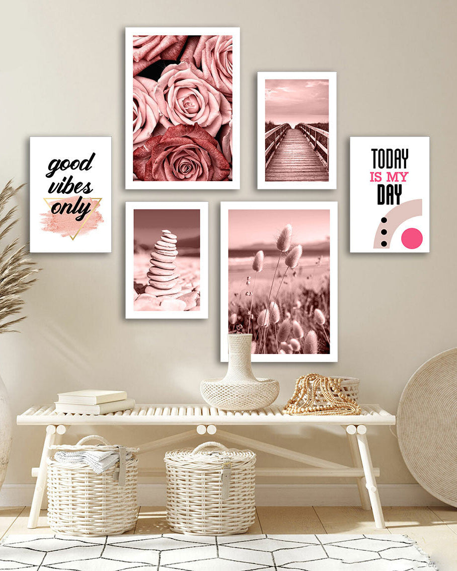 Tableau Nature Rose 6 Pièces – Fleurs, Citations et Calme Élégant